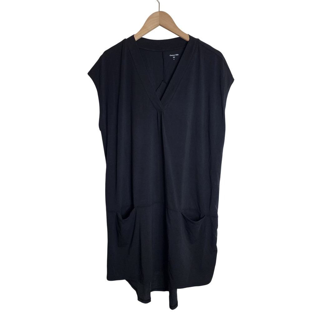 Garnet Hill Dress Womens Medium Black Silk Back V-Neck Knit Shift Pockets